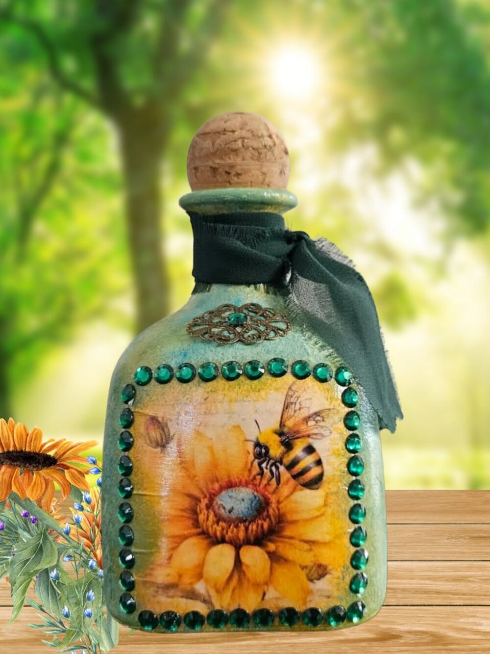 Sunflower Honey Bee Decor, Hand Painted Upcycled Vessel